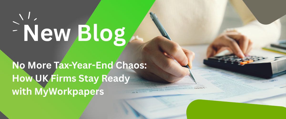 Blog notice header, green and grey with a photo of a lady writing and using a calculator